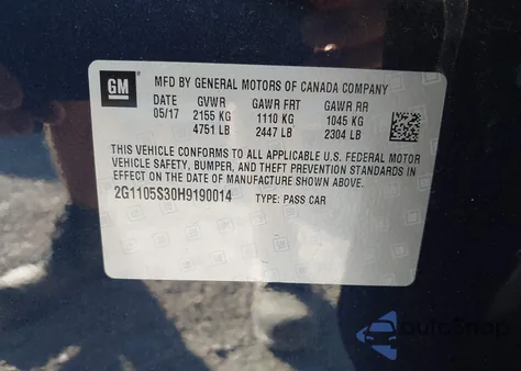 2017 Chevrolet Impala 1Lt z USA, uszkodzony, nr VIN 2G1105S30H9190014